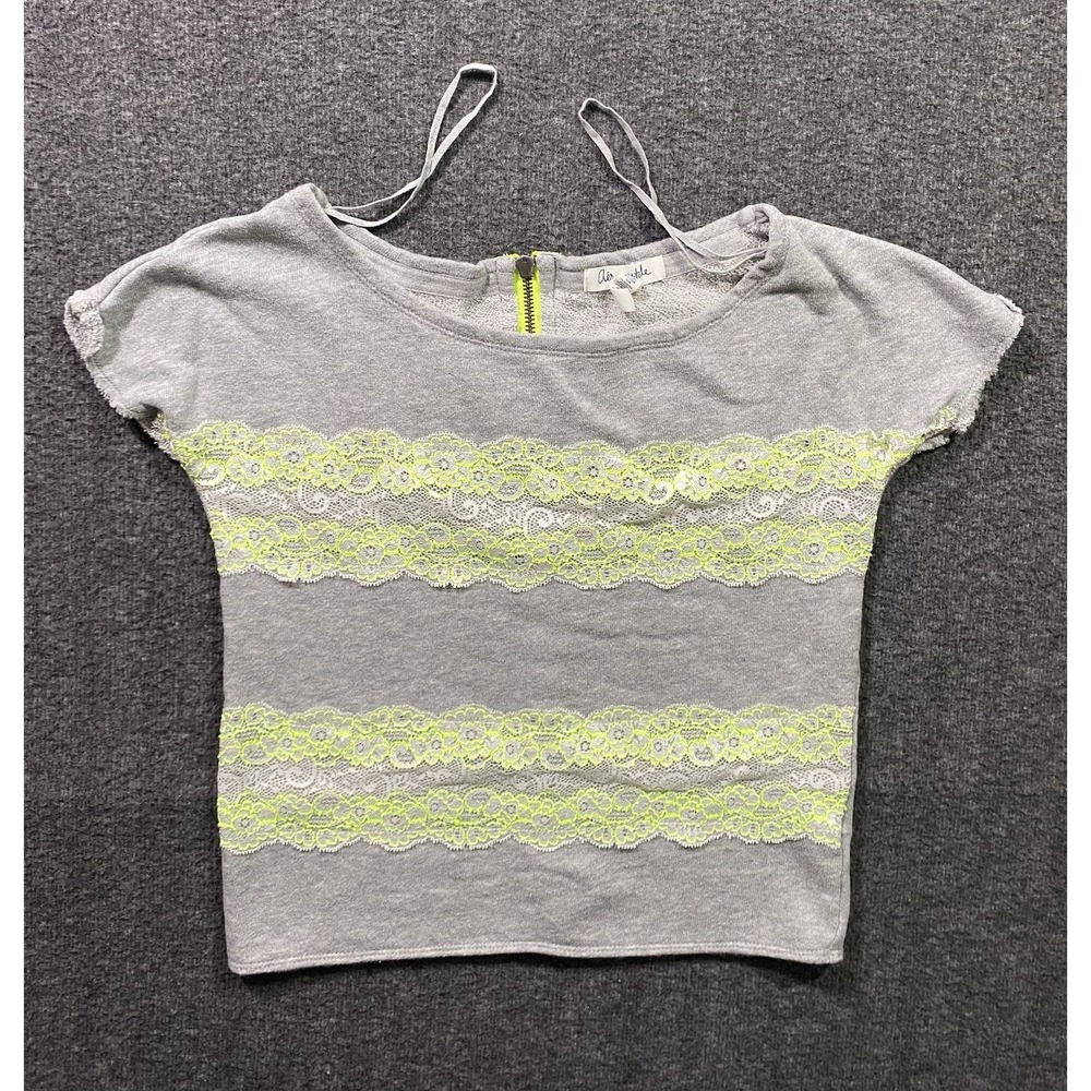 Aeropostale Top Womens Cropped Zip Lace Embellished T-Shirt Green Gray Size XS